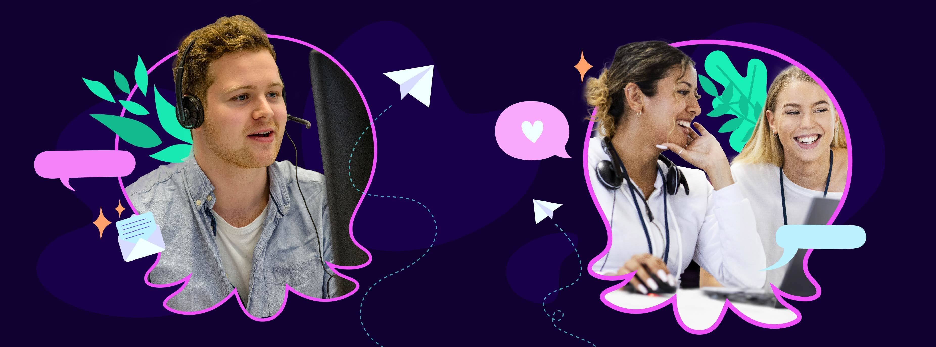 Three members of our operations team answering phone calls, surrounded by illustrations of leaves, speech bubbles, and emojis